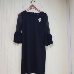 Studio Badgley Mischka Dress Womens Medium Black Sheer Bell Sleeve Shift Knee‎